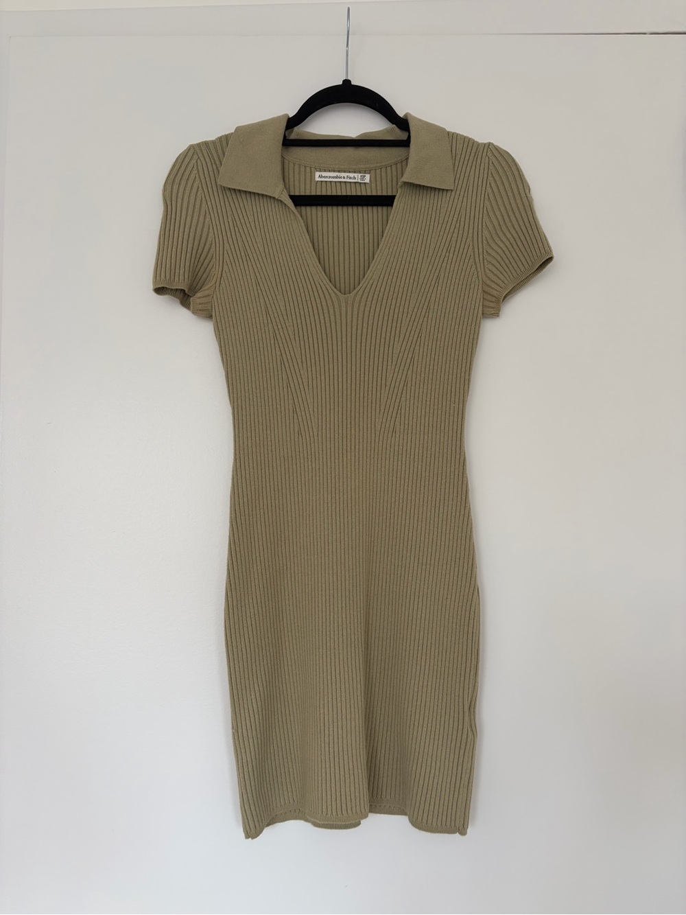 Abercrombie & Fitch Ribbed Polo V-Neck Mini Dress in Olive Green